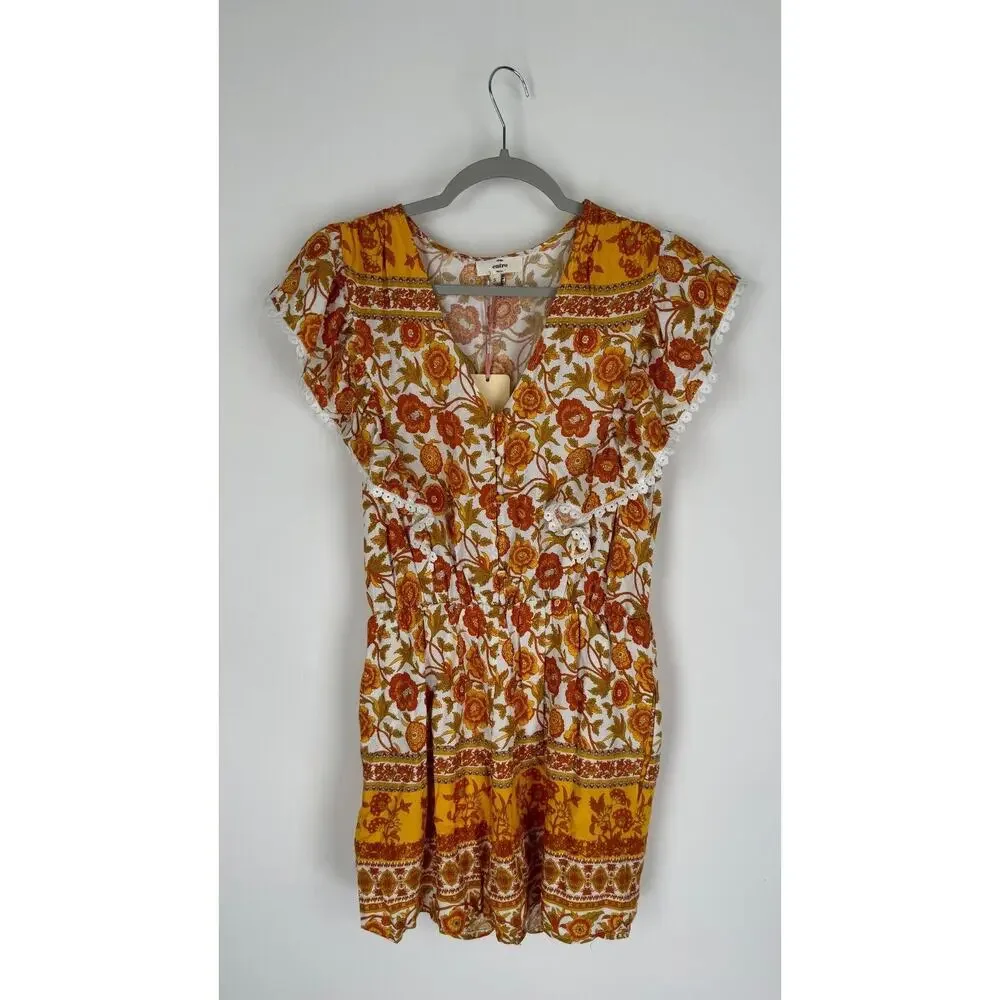 Entro Womens Orange Gold Floral Playsuit Romper Elastic Waist Size Small NWT